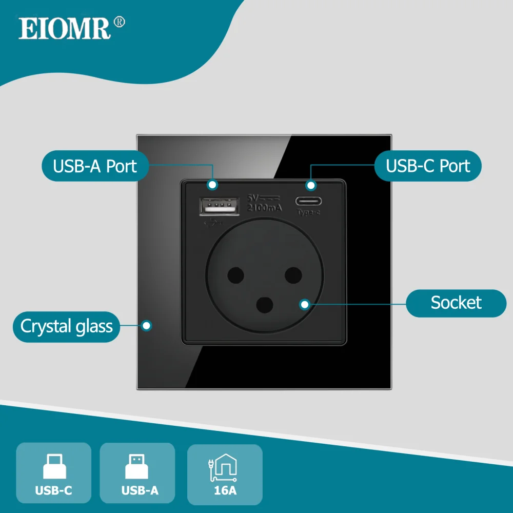EIOMR Israel USB Type-C Power Socket Switch Combination, Black Crystal Glass Panel for Israeli Home Single Double Triple Socket