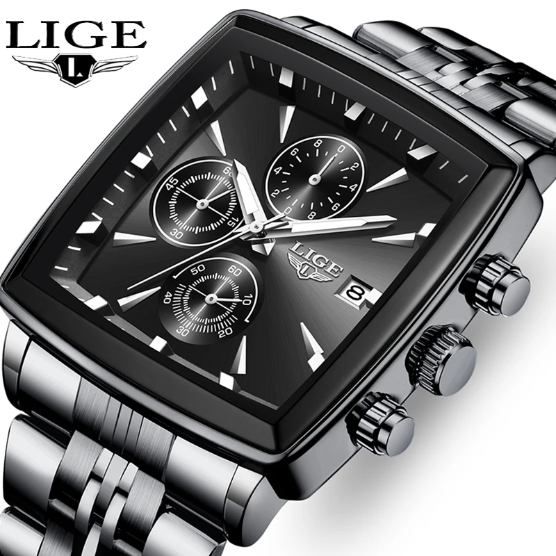 LIGE Orologi sportivi da uomo Fashion Business Orologio da polso luminoso quadrato da uomo Cronografo al quarzo con data impermeabile Relogio Masculino