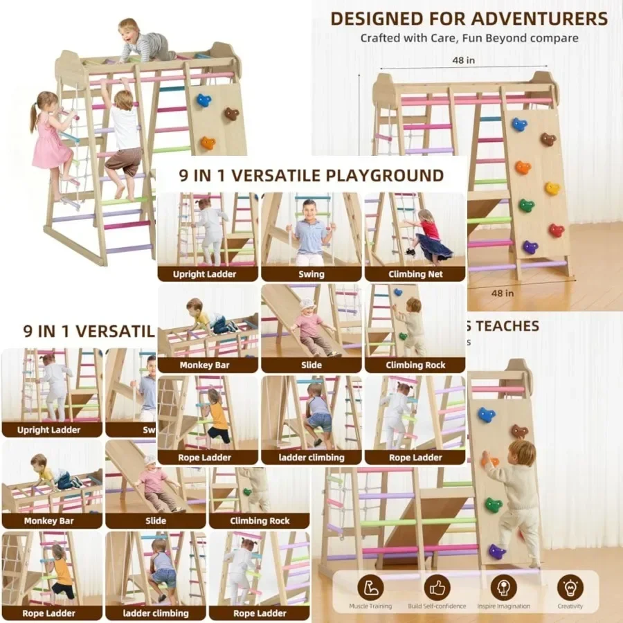 Indoor playground for kids: Montessori wooden jungle gym with slide, swing, rope ladder, climbing net, rock wall, and DIY name