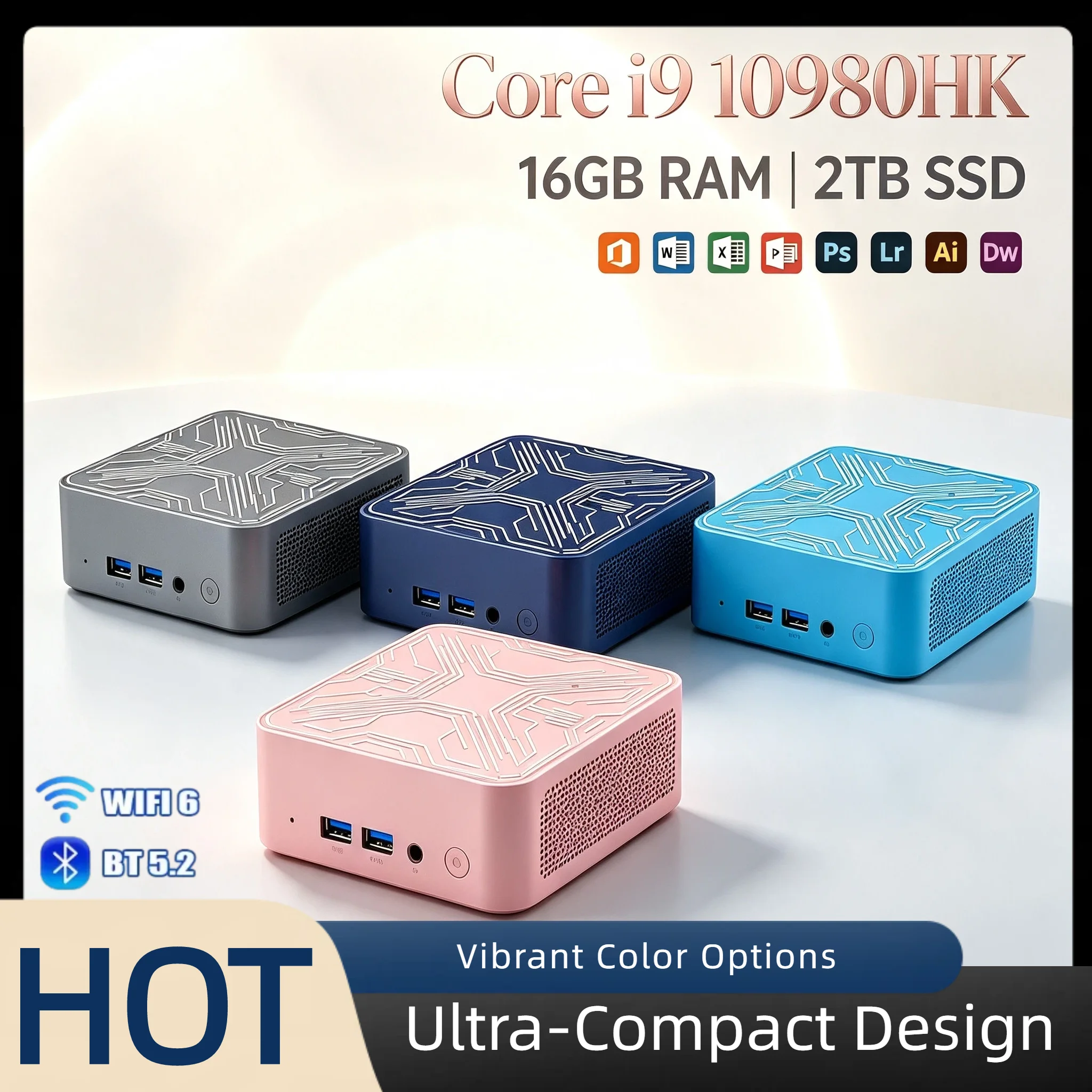 Core i9 10980HK Ultra Compact Mini Desktop 16GB DDR4 2TB SSD Triple 4K Monitor WiFi6 BT5.2 High Performance Home Office Pro