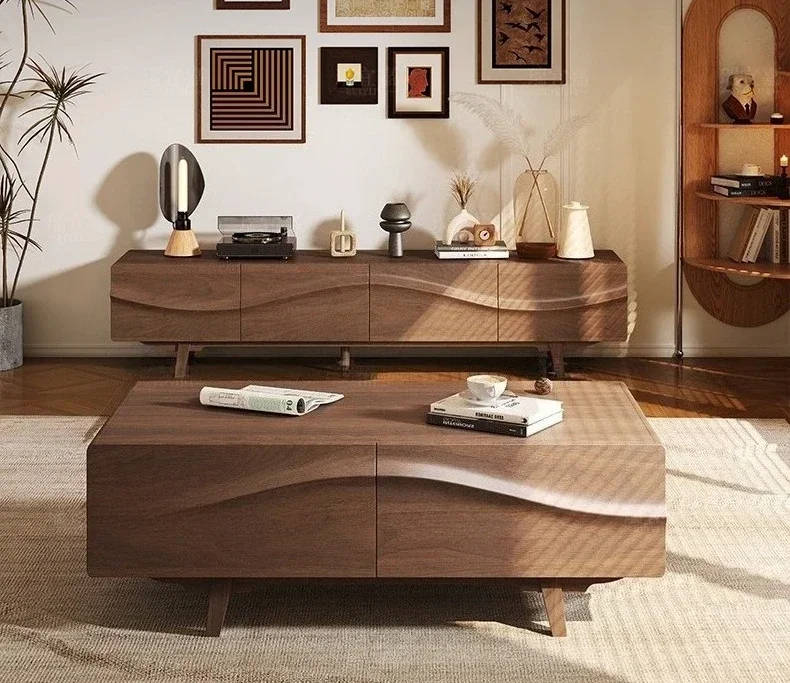 Solid wood coffee table walnut color multi-storage tea table household living room