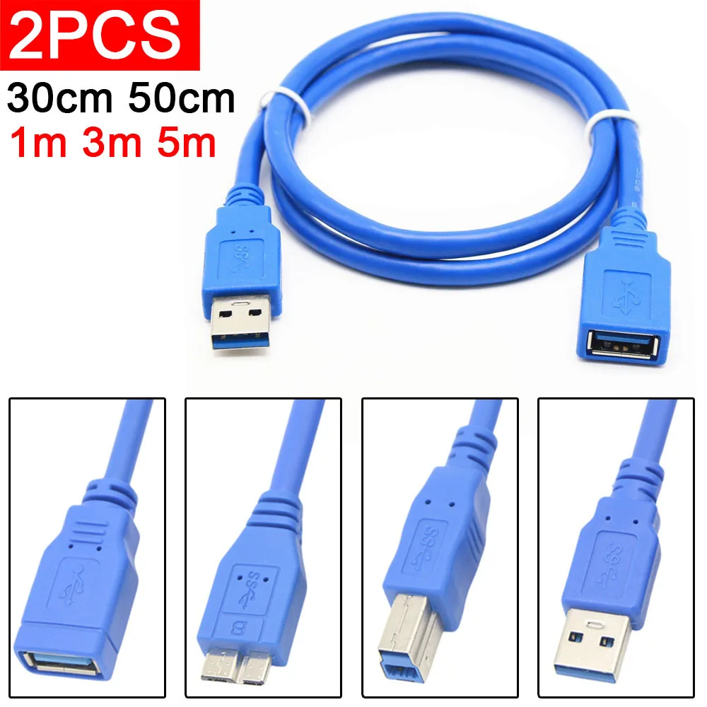 2pcs USB3.0 Extension Cable Male to Female Extension Data Sync Cord Cable Extend Connector Cable for Laptop PC Gamer Mouse