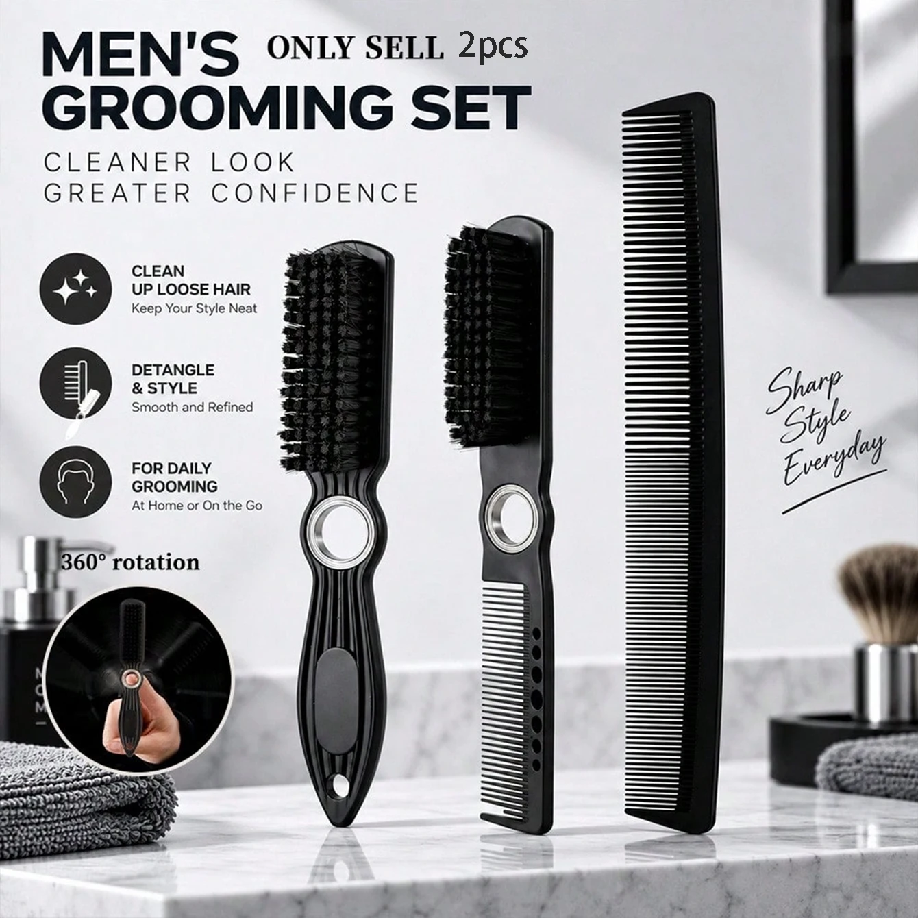 Men's Beard Styling Two-Piece Set, Beard Brush + Multi-Functional Styling Comb, Smooths Out Messy Beard Hair, Easy Daily Beard Care Accessories