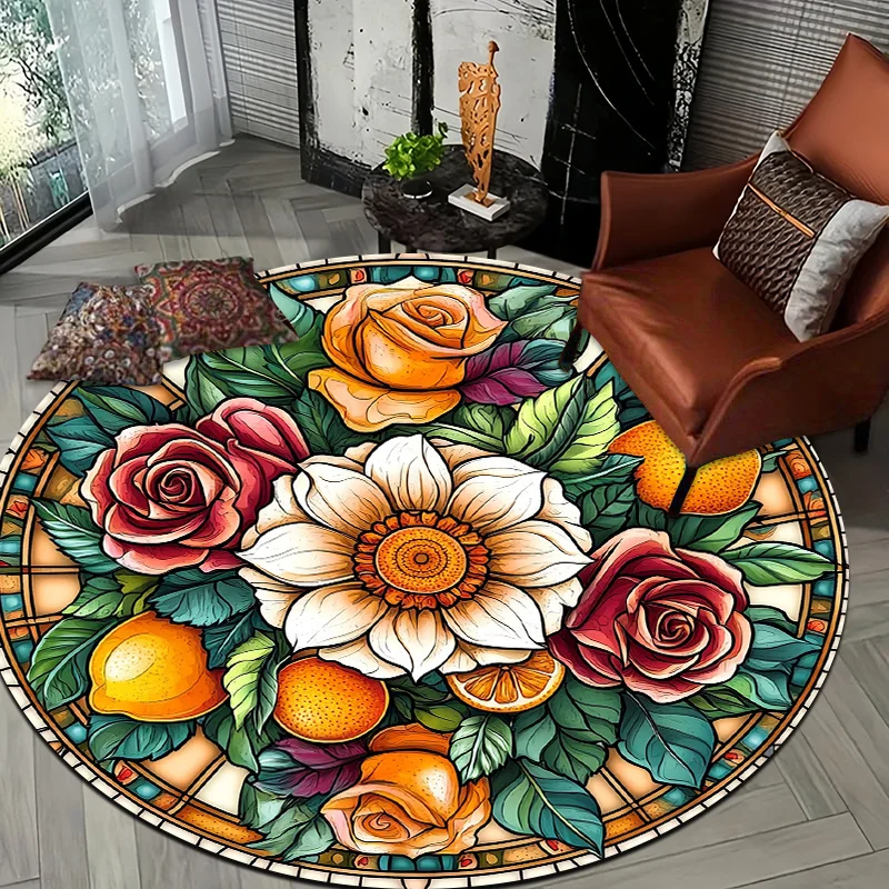 Floral lemon color style Flannel-printed round floor mats are slip-resistant Suitable living room bedroom terrace garden carpets