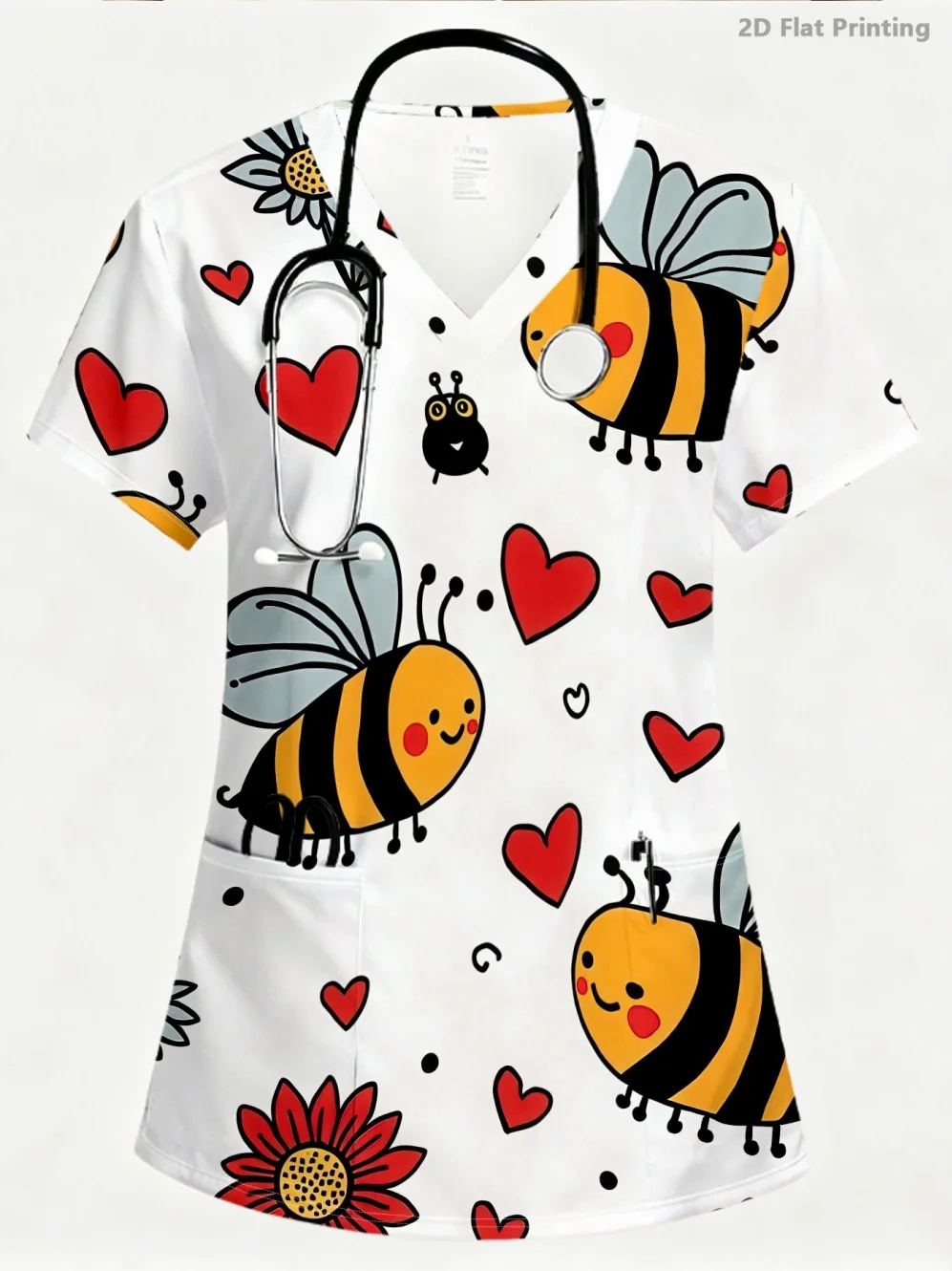 

Medical Scrubs for Women Elegant V-Neck Top Cute Animal Cartoon Patterns Comfortable Short Sleeves with Pockets Scrubs Woman