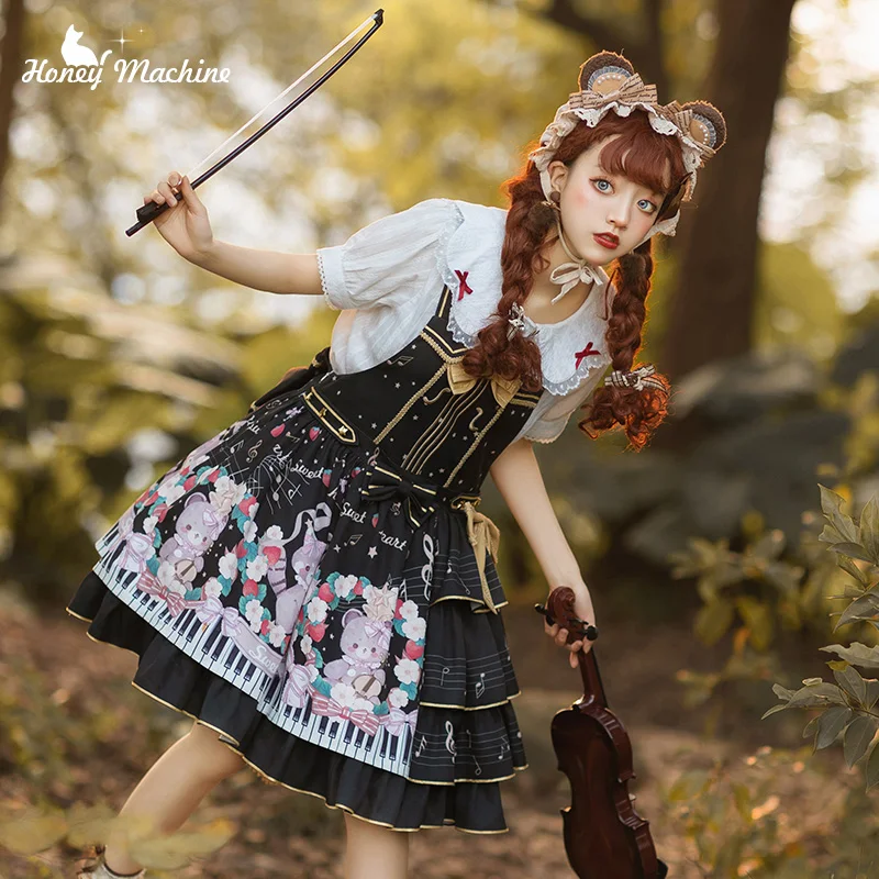 Vestido de floresta para cosplay, impressão de urso bonito, Lolita Falbala, cintura alta, vestido vitoriano, laço bowknot, Loli