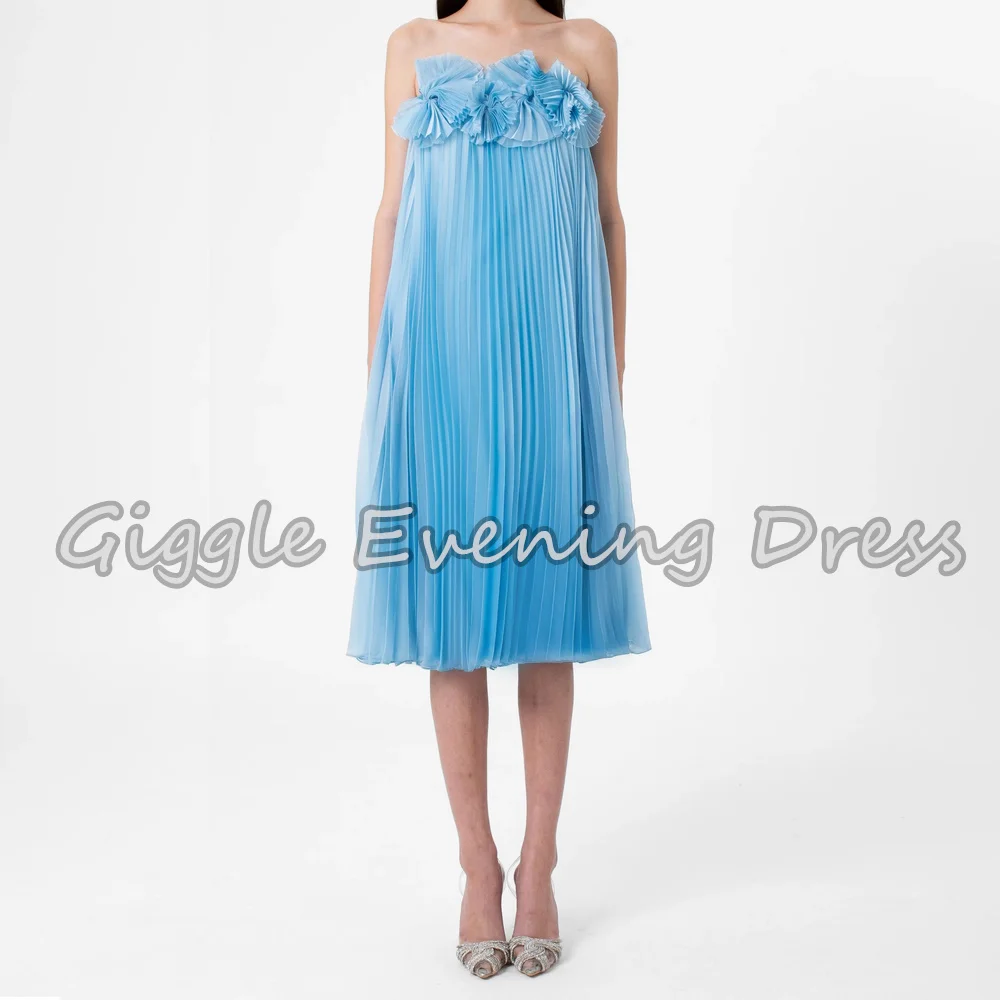 

Giggle Chiffon A-line Strapless 3D Flowers Knee Length Simple Saudi Arab Evening Party Dresses For Women 2025 With Sleeveless