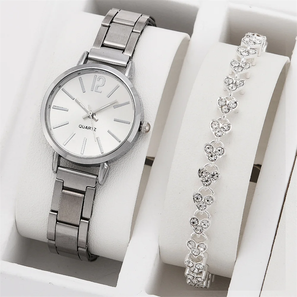 Ladies Fashion Simple Digital Alloy with Quartz Watch Bracelet 2pcs Set Luxury Women Simple Dial Ladies Watches