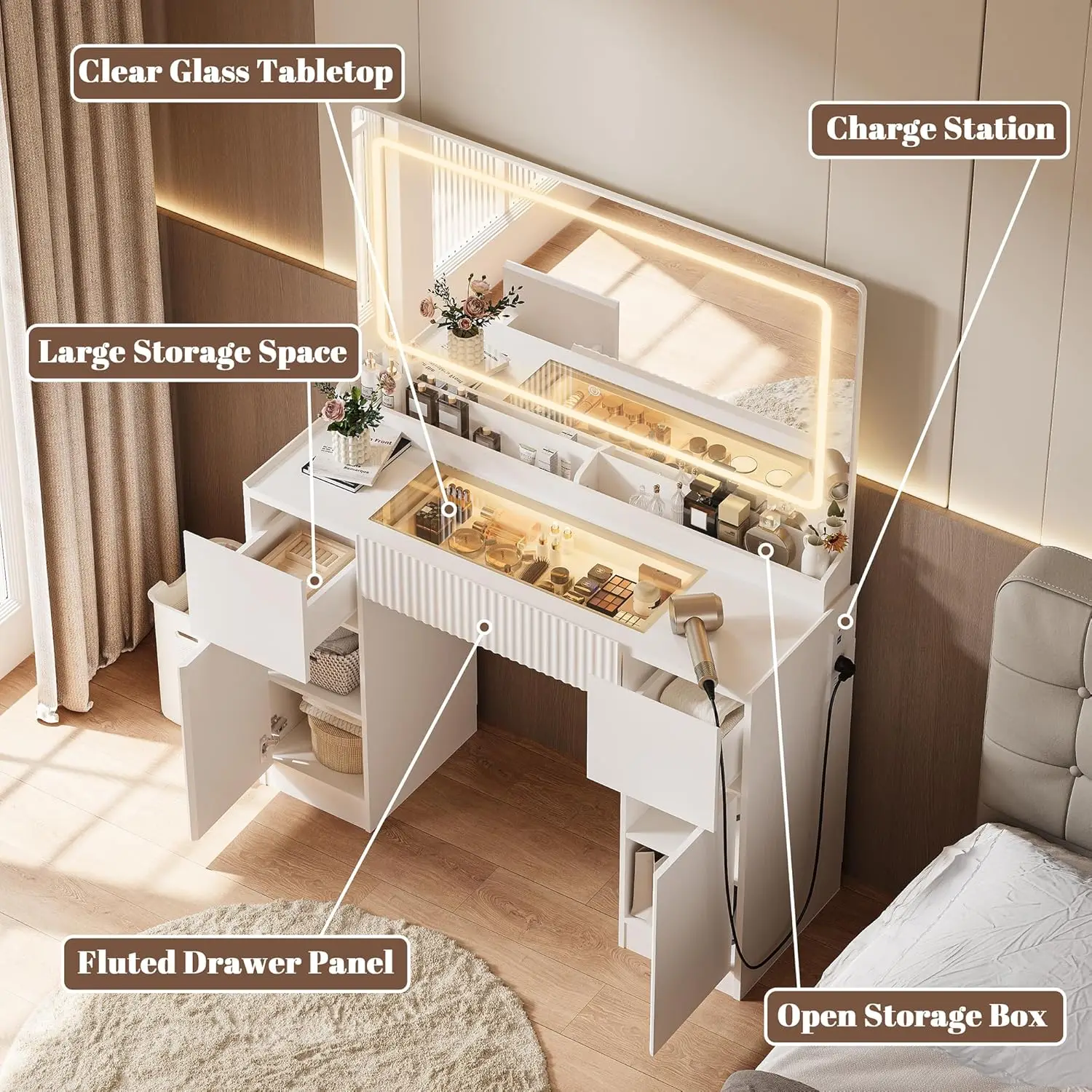 Pure White Modern Glass Top Makeup Vanity Set with Power Outlet, 3 Drawers, 2 Cabinets and Adjustable Lighting for Bedroom view 6