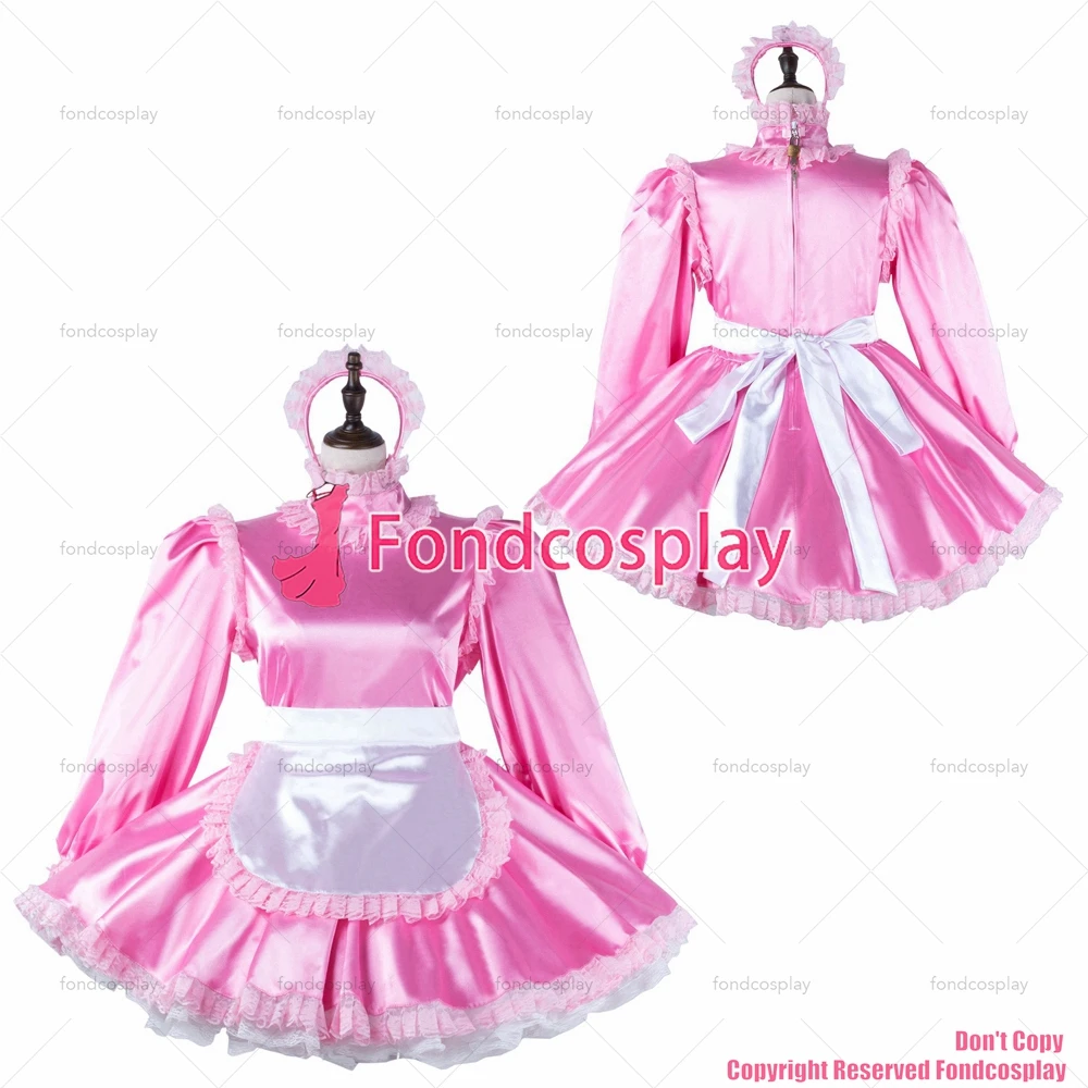 

fondcosplay adult sexy cross dressing sissy maid short baby pink satin dress lockable Uniform white apron CD/TV[G2272]