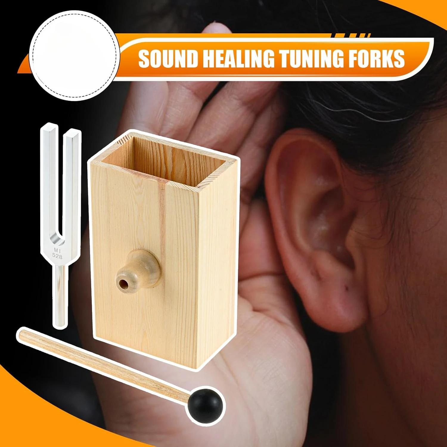 1Pc Aluminum Alloy 528Hz Tuning Fork with Wooden Resonance Box and Rubber Mallet for Yoga Sound Therapy Meditation Gifts