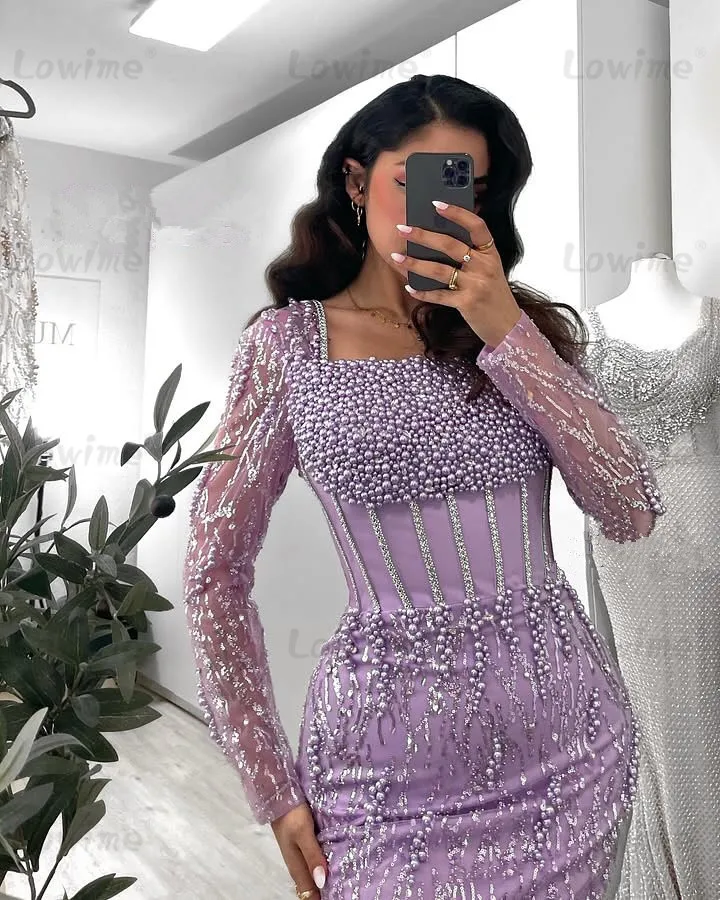 Lila Perlen-Abendkleid, individuell gestaltet, langärmelig, quadratischer Ausschnitt, Meerjungfrau-Partykleid, 2025, arabische Damen-Abschlussballkleider für formelle Anlässe