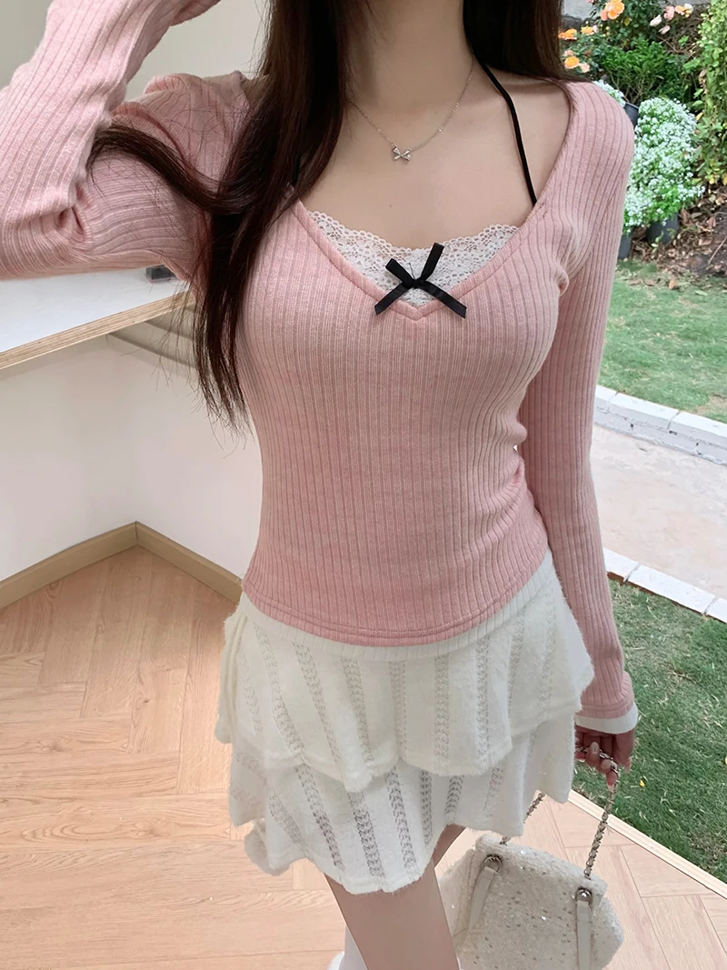 Anivia Women's New Korean Cute Bow Long Sleeve Fake Two Piece Knitted T-shirt Pink Fashion High Street Splicing Design Y2K Top