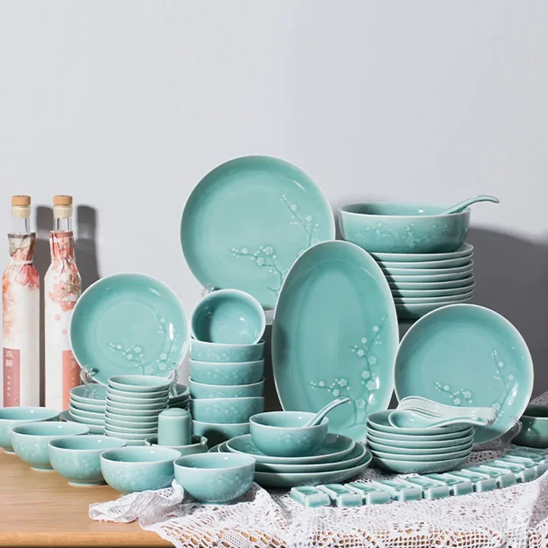 Celadon complete set of tableware, dish set, household ceramic high-value noodle soup bowl combination