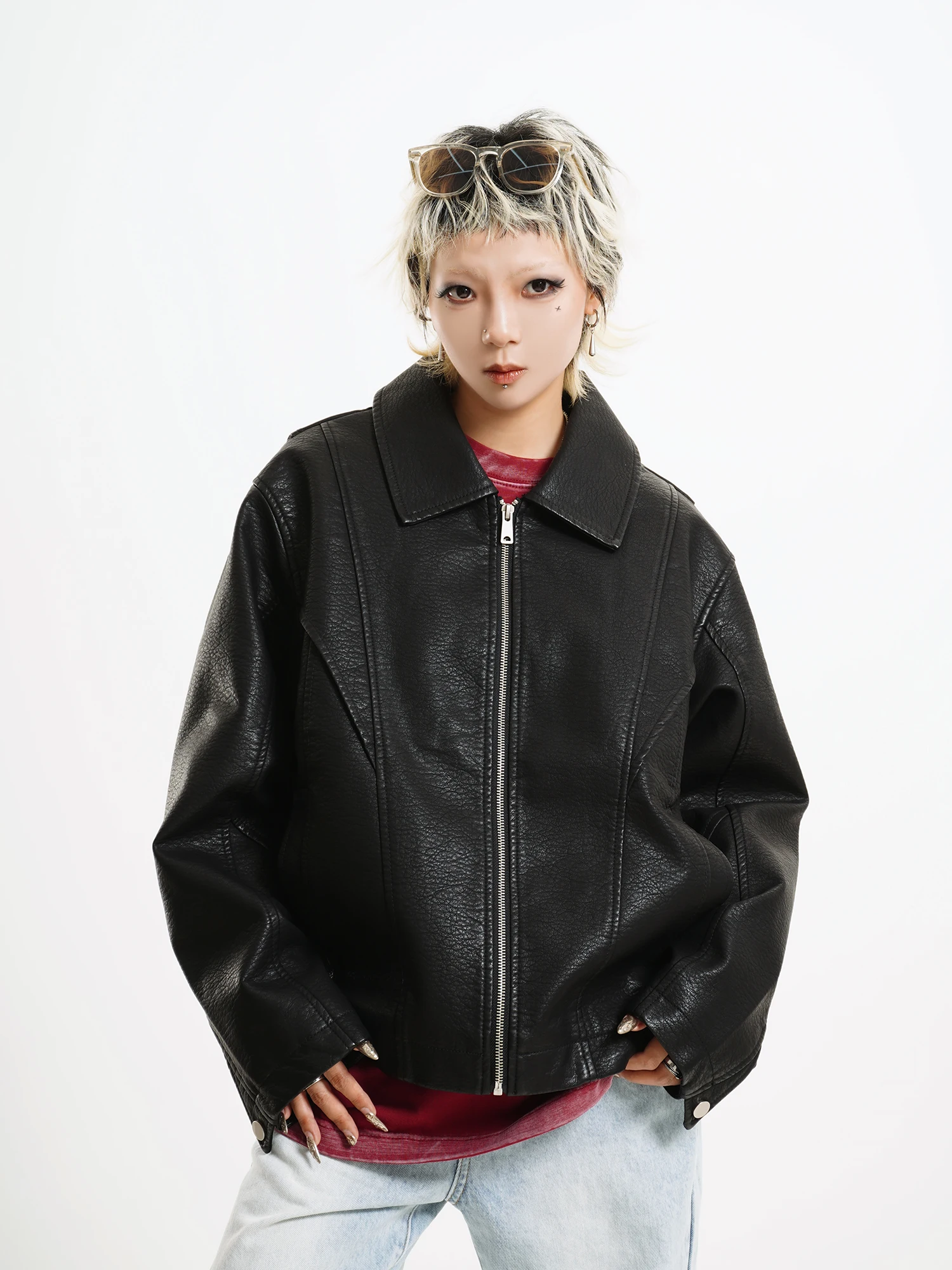 

MICHINNYON 2025 Heavy Industry Design Collar Loose Street Sle Women's Leather Jaet Long Sve Straight Cut PU Coat