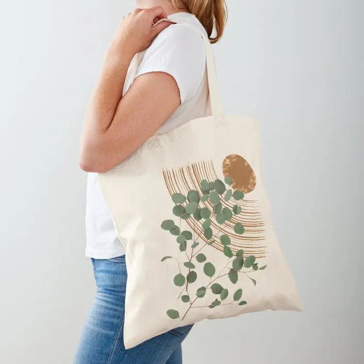

Eucalyptus Branch Abstract Collage Tropical Boho Minimalist Art with warm earthy tones and pastel colors with solid and Tote Bag