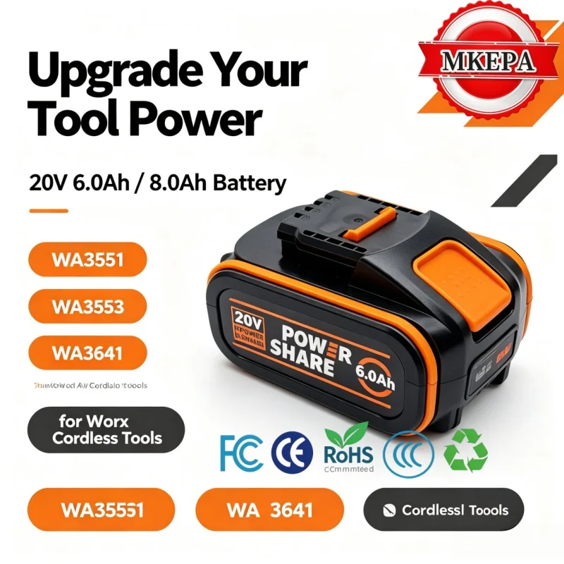 6.0Ah 8.0Ah Rechargeable Lithium Replacement Battery With Charger For Worx 20V Cordless Power Tools No Memory Self‑discharge