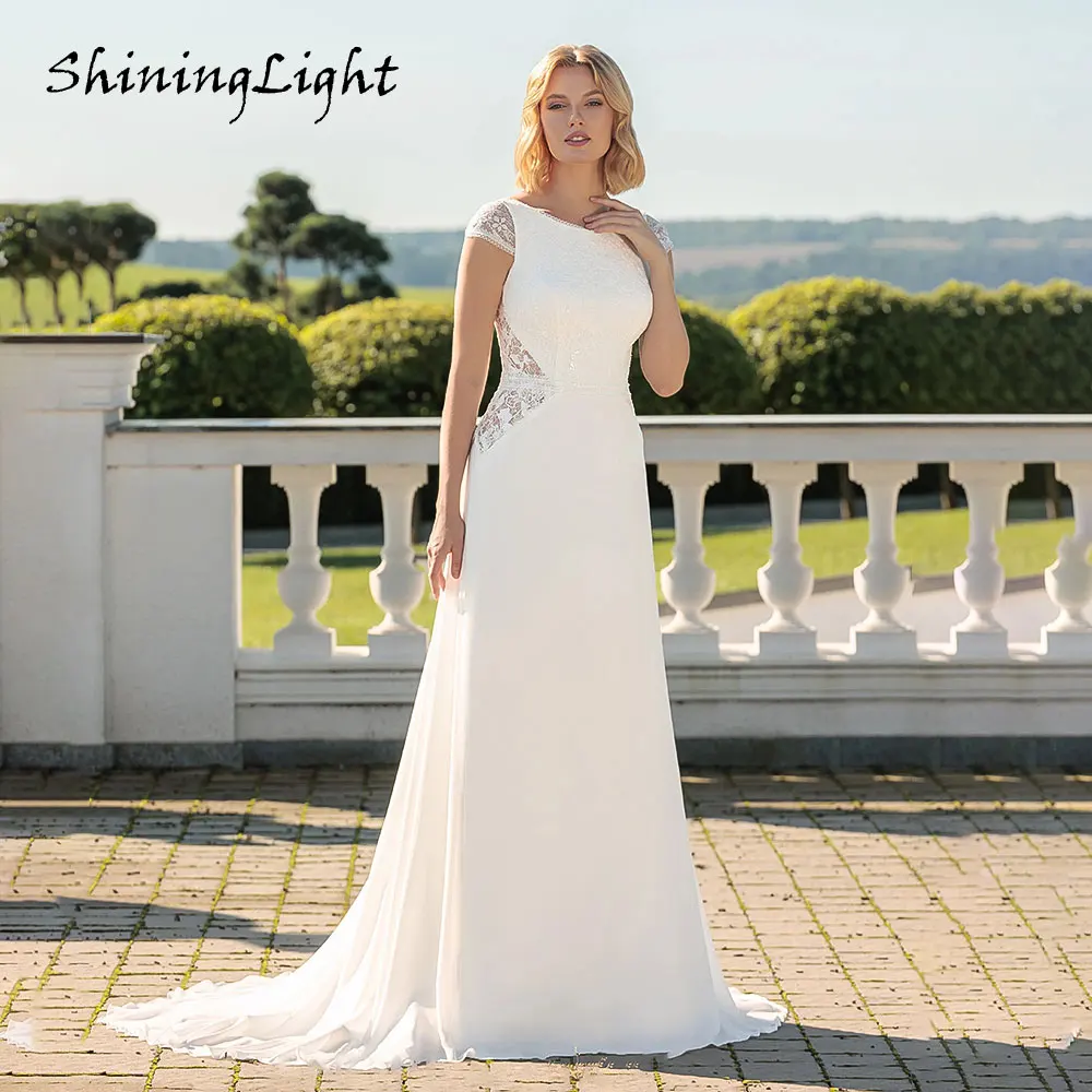 

ShiningLight Simple A-Line Wedding Dress Scoop Neck Cap Sleeves Bohemian Bridal Gown Lace Backless Vestidos De Novia Customized