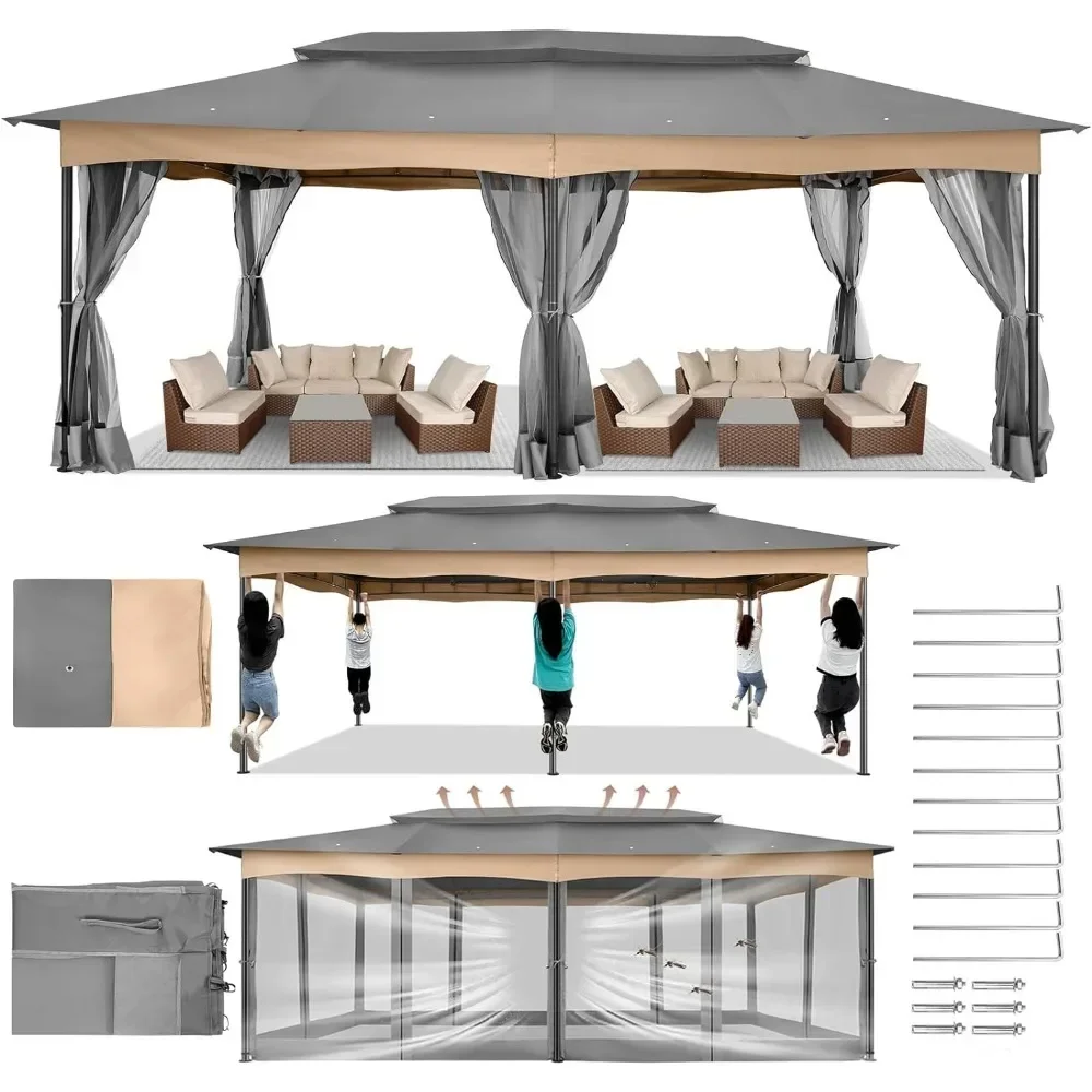 Imagem -06 - Tenda Gazebo Impermeável com Mosquiteiro Metal Steel Frame Tela Grande Telhado Duplo para Quintal 12x20