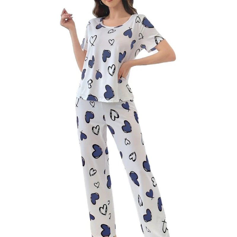 Heart Print Women 2Pcs Sleepwear Short Sleeve Top Long Pants Casual Homewear Can Be Worn Out UPS Air,3-5Day Delivery
