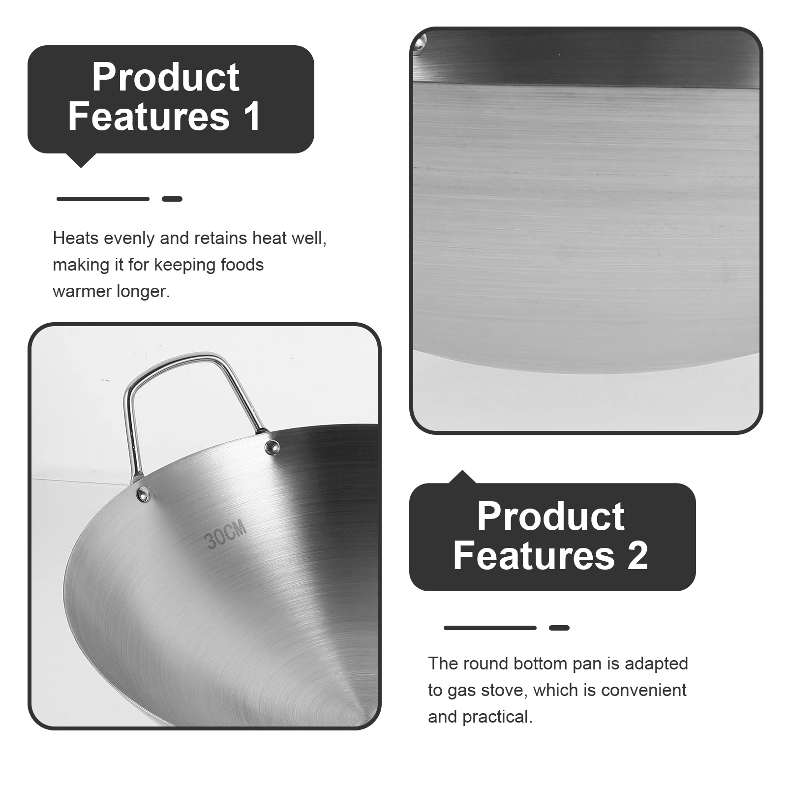 

Stainless Steel Wok 30cm Double Ear Pan for Home Kitchen Nonstick Fryer Gas Stove Compatible Easy Clean Cookware