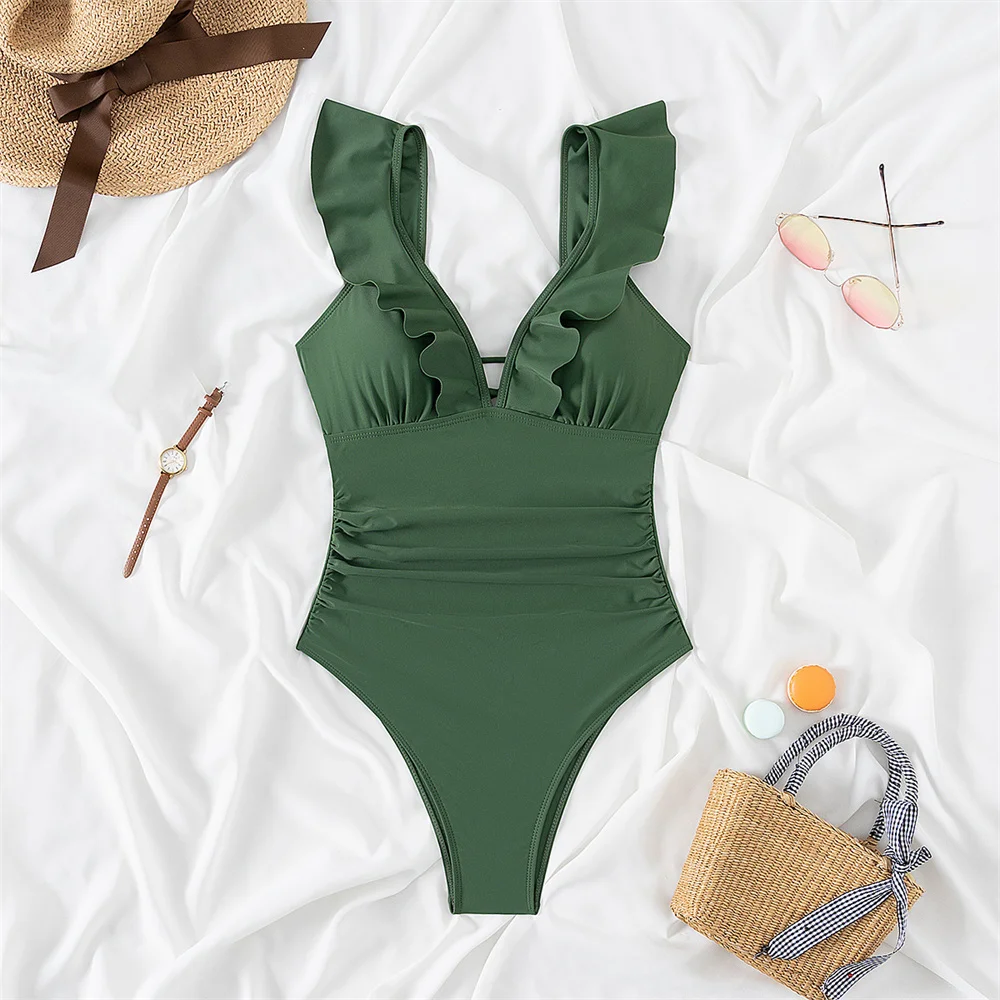 

Бикини с рюшами и шнурком, купальник с открытой спиной, цельный купальник для отпуска, женские ретро плиссированные монокини с эффектом пуш-ап, пляжная одежда, купальные костюмы