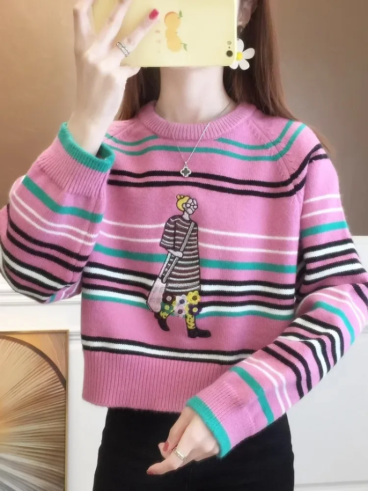 Street Fashion Brand Embroidery Sweater Sweet Pink Striped Cartoon Girl Kawaii Pullover Slim Crop Top Aesthetic Clothes Spring