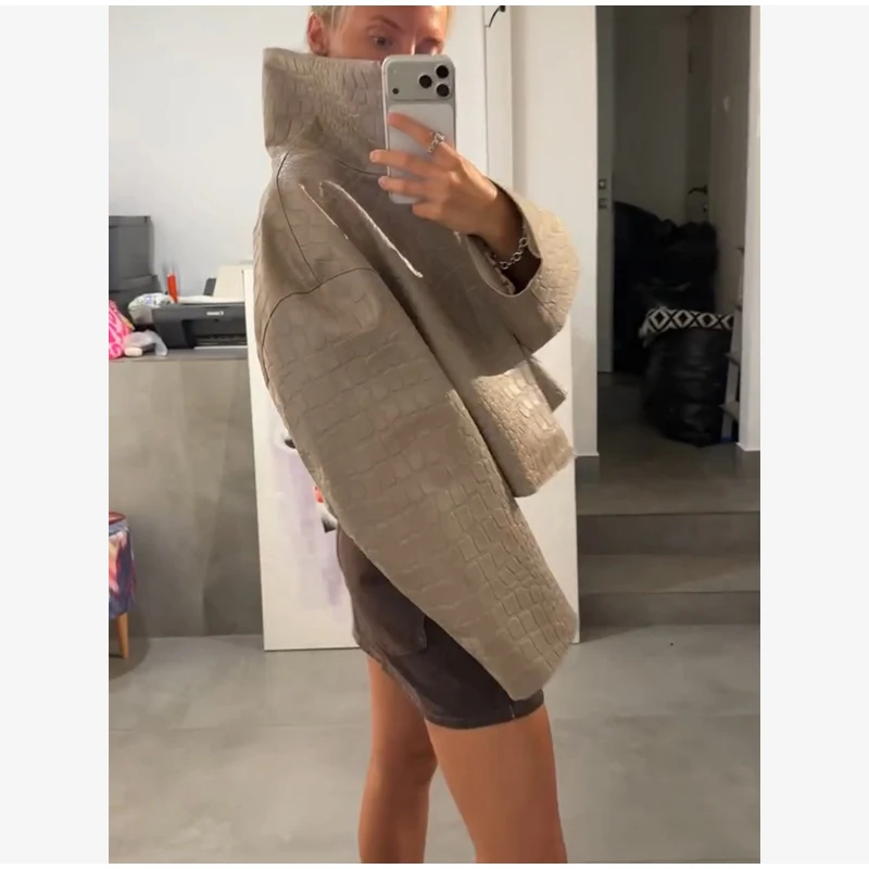 Women's Crocodile Pattern Short Leather Jacket Retro High Collar Zipper Loose Long Sleeve Jackets Lady Street Daily Wear 2026