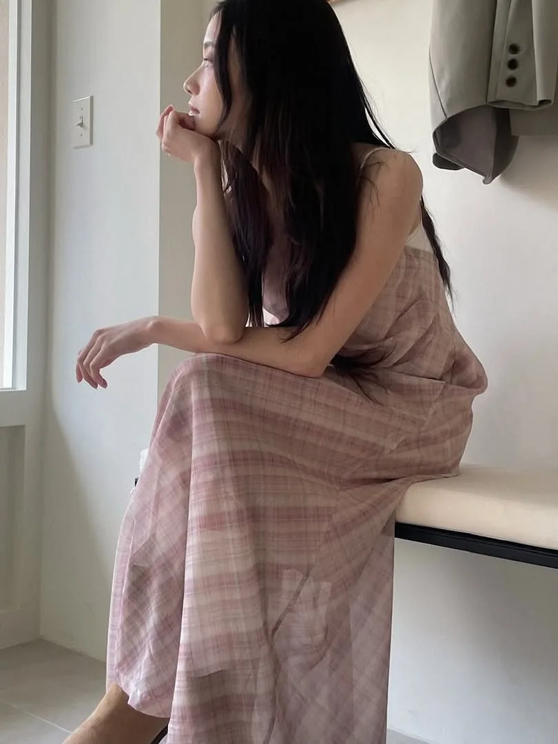 

Retro V-Ne Plaid Strap Dr Women's Summer New Folded Design Base Long Dr Ele Simple Sle Maxi Dr for Women