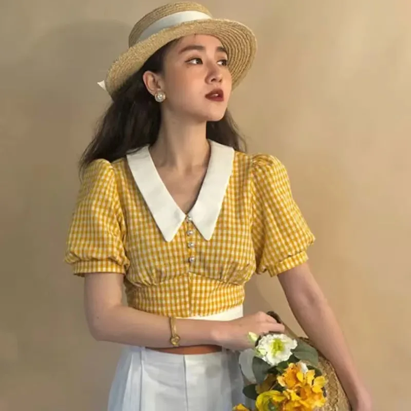 Cottagecore Crop Top Yellow Blouses Summer Kawaii Puff Sleeve Plaid Shirt Women Checkered French Retro Style 2023 Vintage