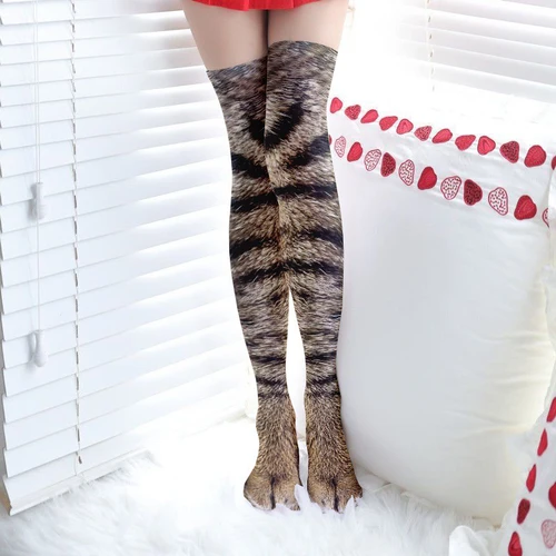Imagen 2 del producto Medias por encima de la rodilla con estampado 3D de patas de animales para mujer, medias divertidas de seda hasta el muslo con patas de gato, perro y tigre, Cosplay personalizado para chica