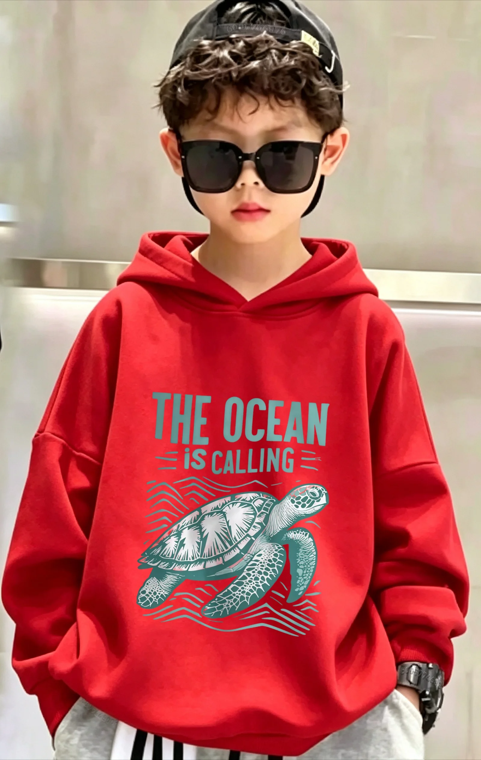 Boys Kids Hoodie Sweatshirt Sea Turtle Print The Ocean is Calling Graphic Pullover Hooded Top Casual Streetwear for Children Tee