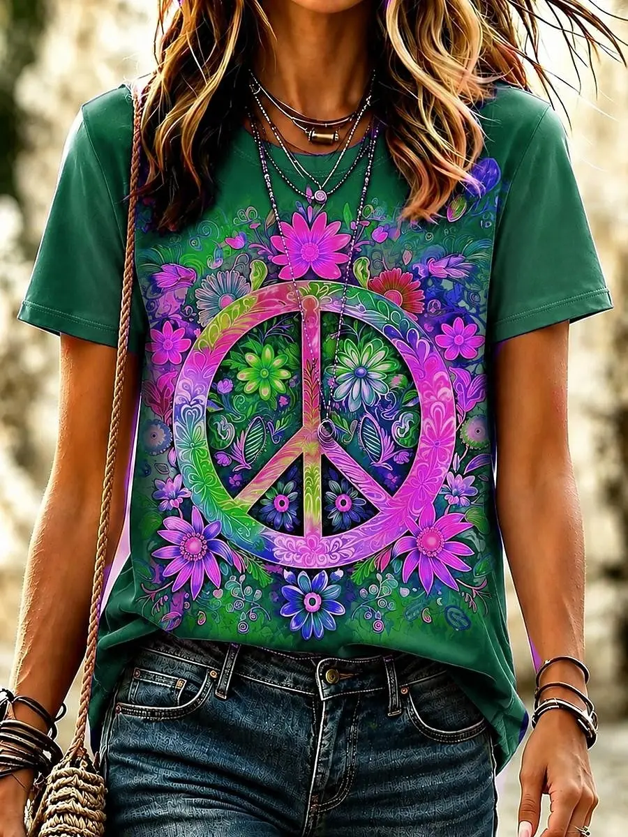 Women's Spring Summer 3D Printed Crew Neck T-Shirt, Rainbow Floral Peace Sign Hippie Style Print Casual Party Daily Tee