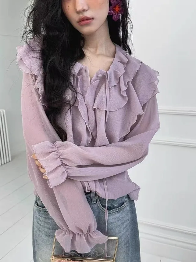 Chic lourd embelli Sa irt femmes printemps nouveau ample mince cloche Sve haut en mousseline de soie Faionable trajet pur commerce électronique