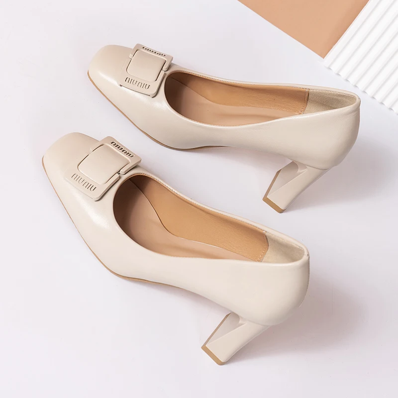 Spring new square head thick heels women\'s shallow mouth buckle single shoes professional shoes high heels