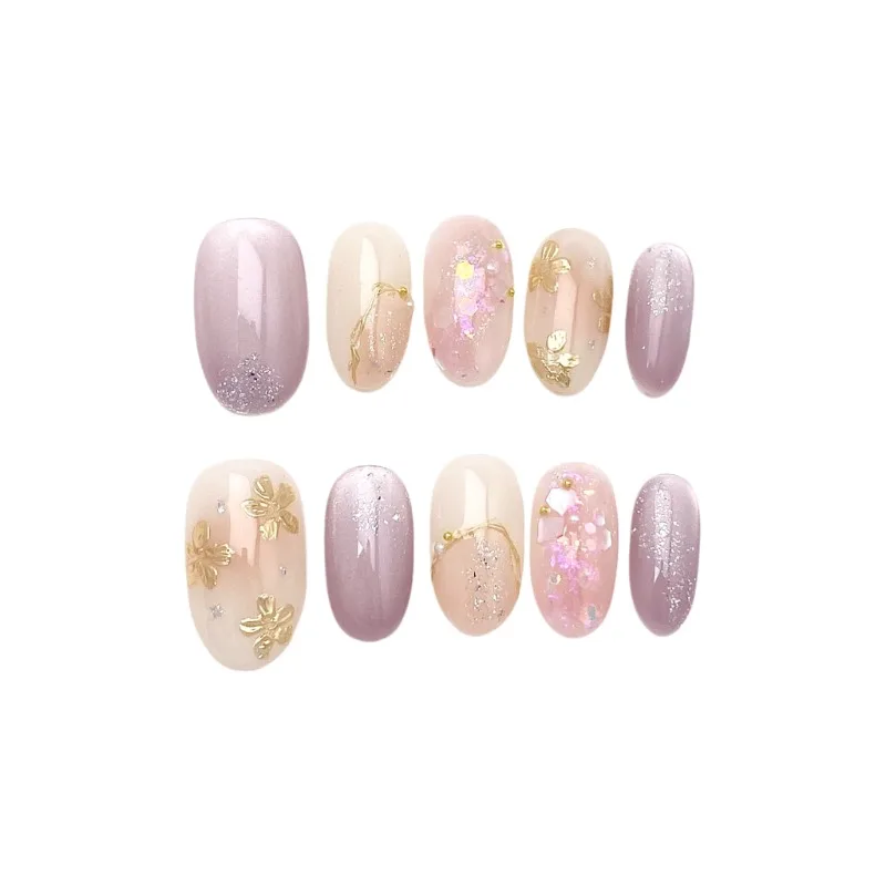 10 個優しい夢のような手作りプレスオンネイルグリッタースパンコールゴールドフラワー偽爪取り外し可能再利用可能