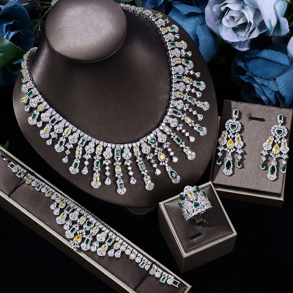 

HIBRIDE Luxury 4PCS Multicolor Women Bridal Necklace Earring Set CZ Dubai Nigeria Wedding Jewelry Accessories Bijoux Femme N-535
