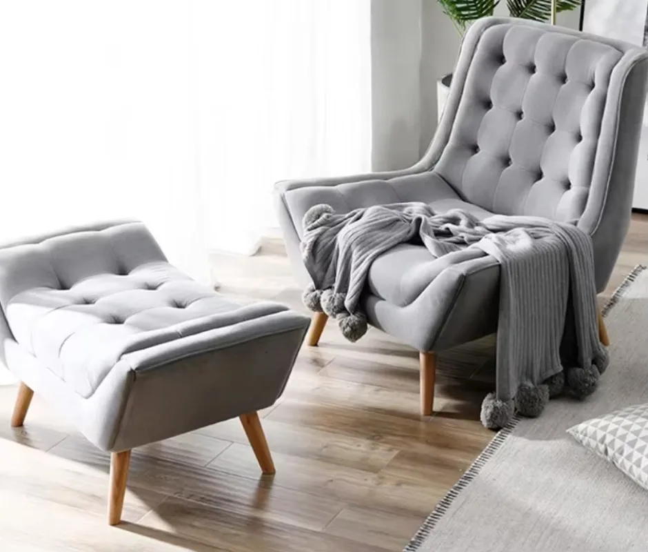 Modern linen fabric single sofa chair solid wood backrest home office bedroom leisure recliner living room