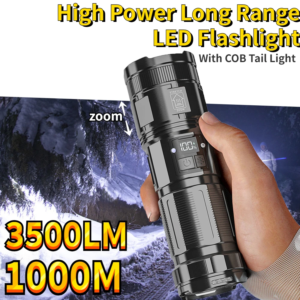 High Power Long Range LED Flashlight Multifunctional Flashlights with COB Tail Light Outdoor Portable Torch Fishing/Camping Lamp