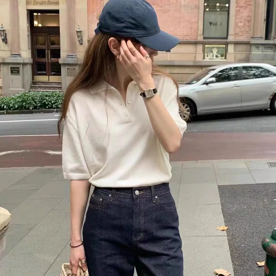 

2024 summer new solid color casual lapel knitted short sleeves