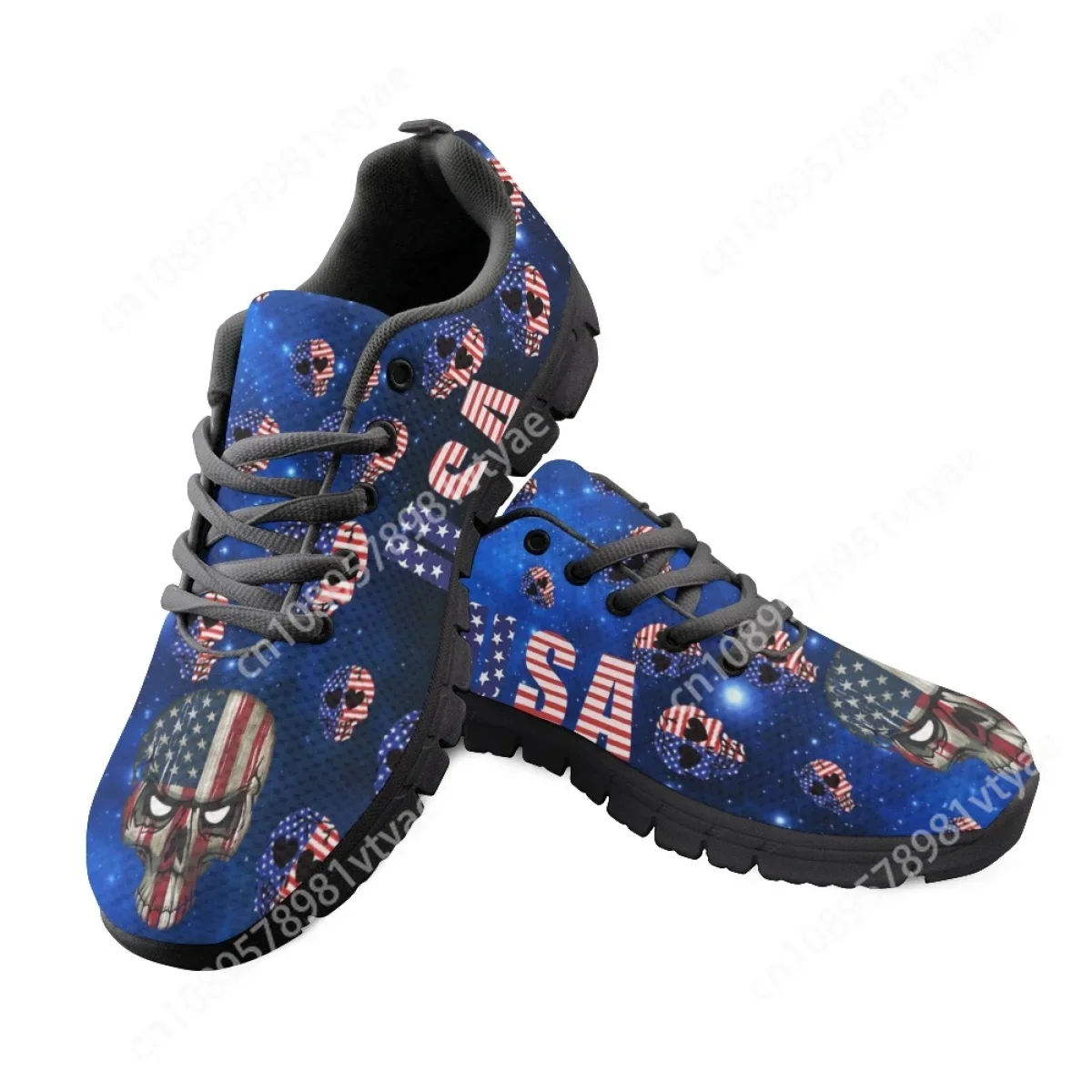 Custom Made Stylish American Skull Galaxy Design Ladies Lace up Running Sneakers Casual Flats Light American Flag Mesh Shoes