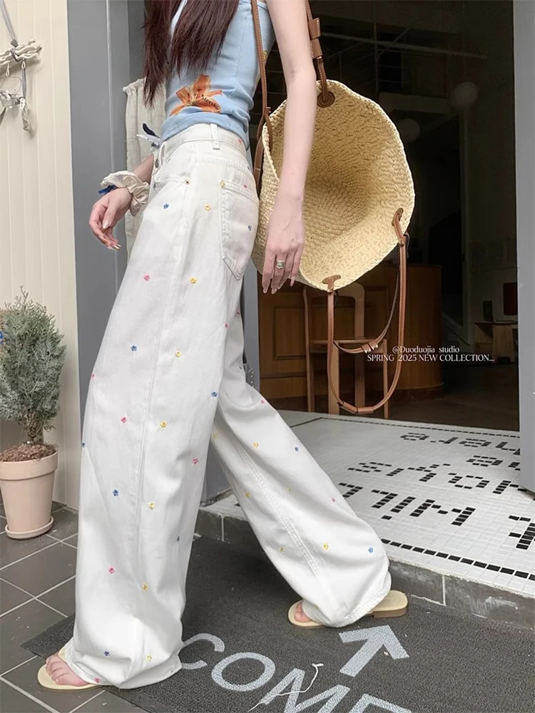 Pantalon blanc à jambes droites brodées florales pour femmes, taille haute décontractée, jambes larges, pantalon d'été ample, longueur au sol