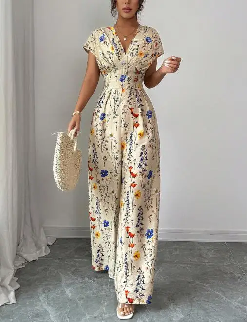 

Jumpsuit Women 2025 Spring Summer New Fashion Floral Print Short Sleeved Casual V-Neck Waist Cinched Casual Wide Leg Jumpsuit
