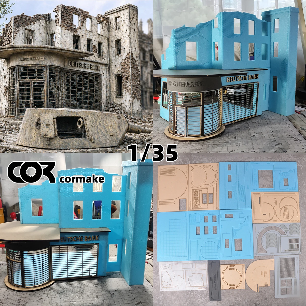 Maqueta arquitectónica en miniatura, arquitectura de edificios, ruinas de banco alemán, ruinas urbanas, casa, diorama, kit de modelo a escala 1/35