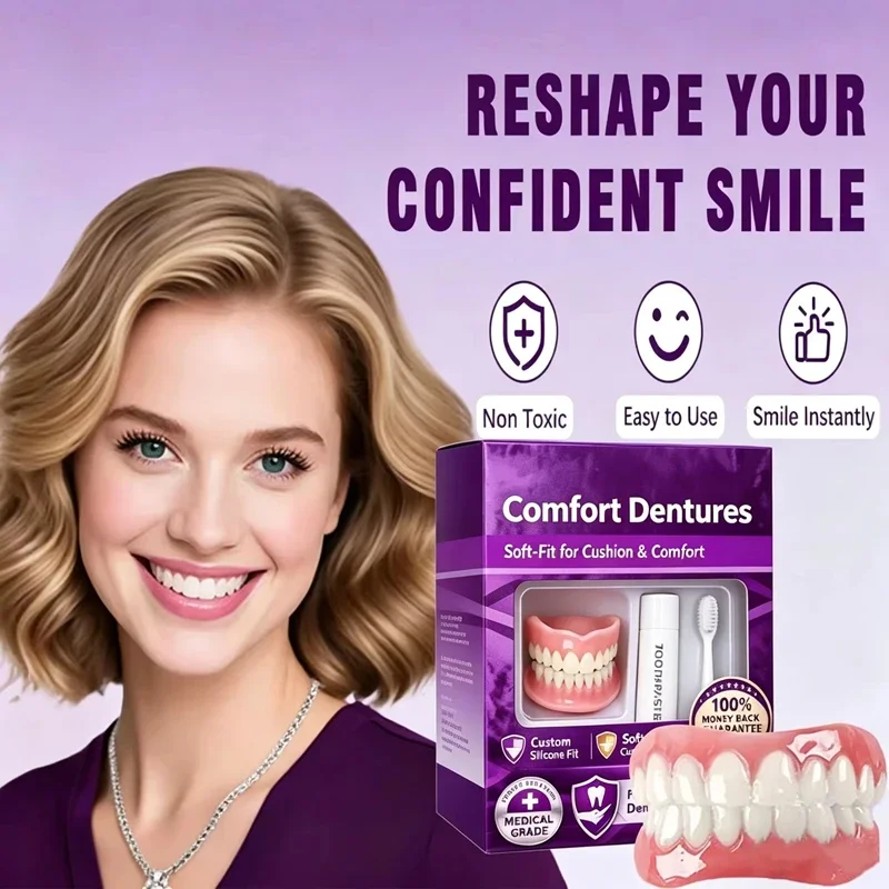 False Teeth Adult Full Set Silicone Dentures Natural Upper Lower Soft Comfort Fit Instant Smile Oral Cosmetic Accessories