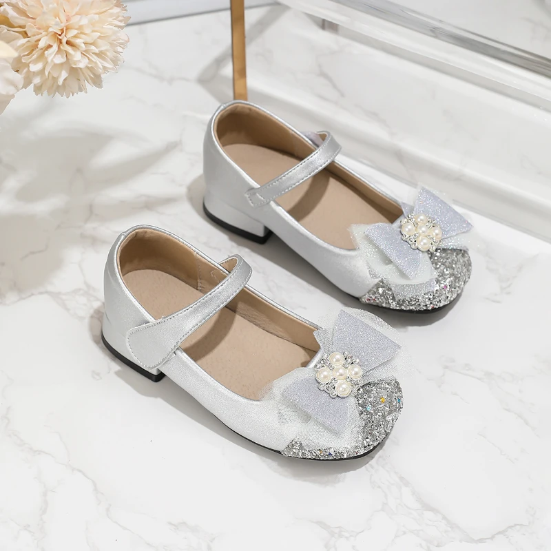 New Children's Princess Leather Shoes Pearl Bowknot High Heels for Girls Sequins Versatile Performance Kids Causal Dress Shoes