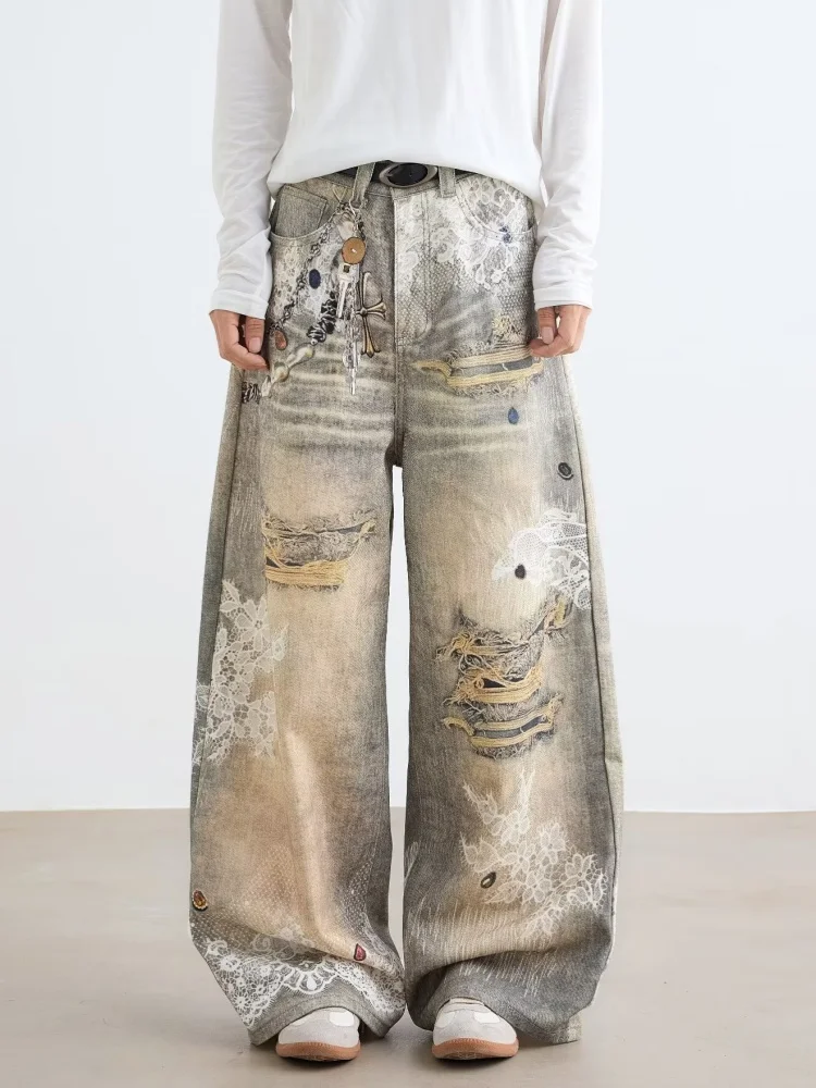 2025 سايبر Y2K الشارع الشهير ثلاثية الأبعاد مطبوعة خمر الأزرق فضفاض الجينز السراويل للرجال الملابس واسعة الساق القوطية موضة جديدة سراويل جينز #1