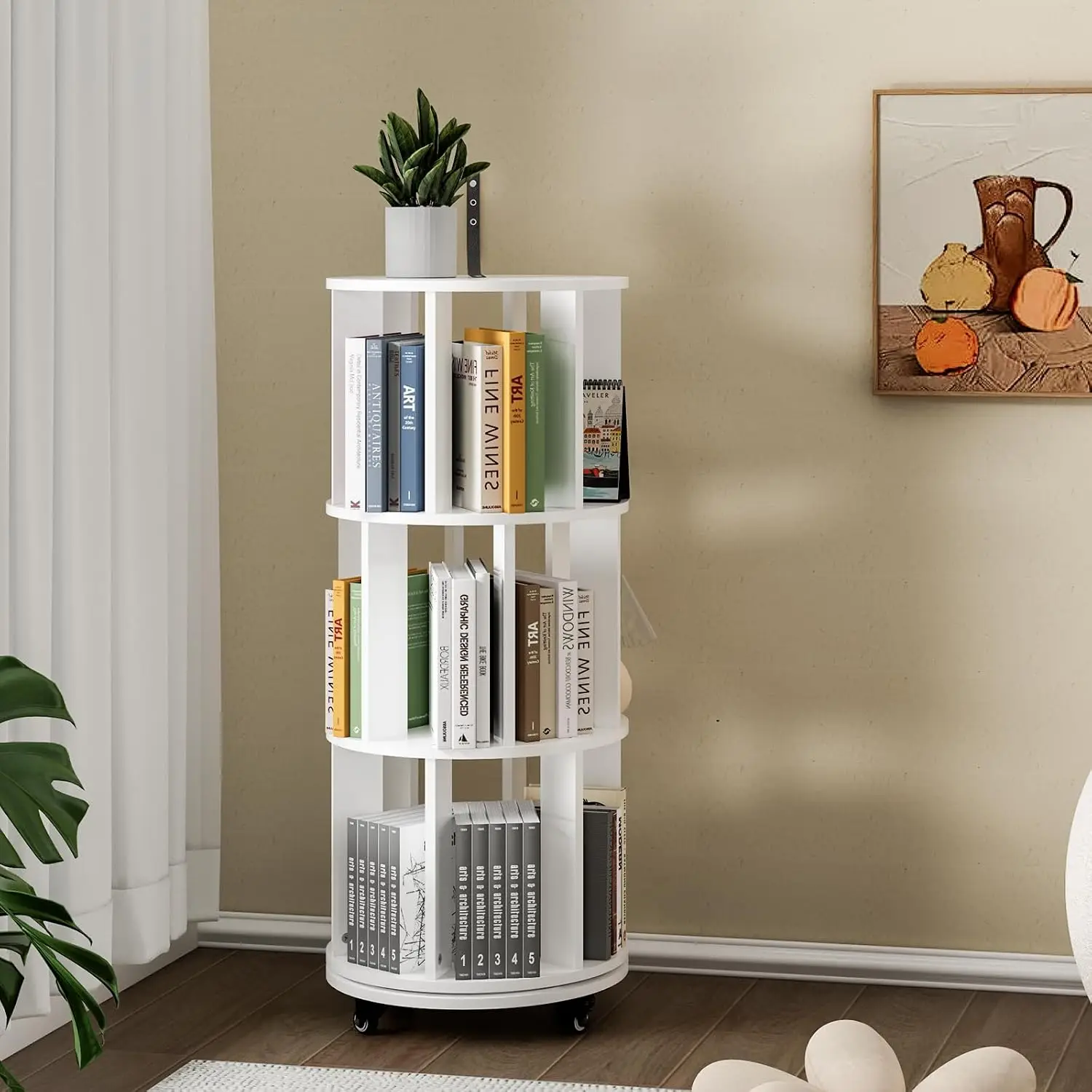 3 Tier Rotating Bookshelf Tower with Wheels, 360° Revolving Wooden Corner Storage Rack for Home Office Bedroom, Customized