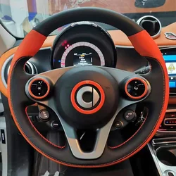 For Smart New Fortwo Forfour 2015-2017 Car accessories DIY Hand Stitched black orange Genuine Leather Car Steering Wheel Cover