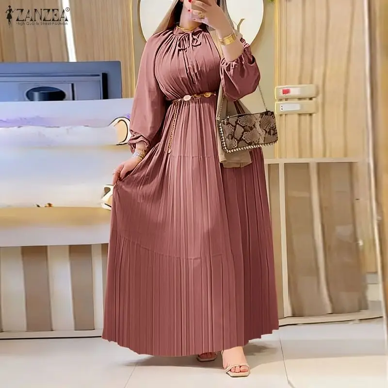 

2026 ZANZEA Muslim Women Fashion Dresses Long Shirt Vestidos Spring Long Lantern Sleeve Pleated Maxi Sundress Bandage Party Robe